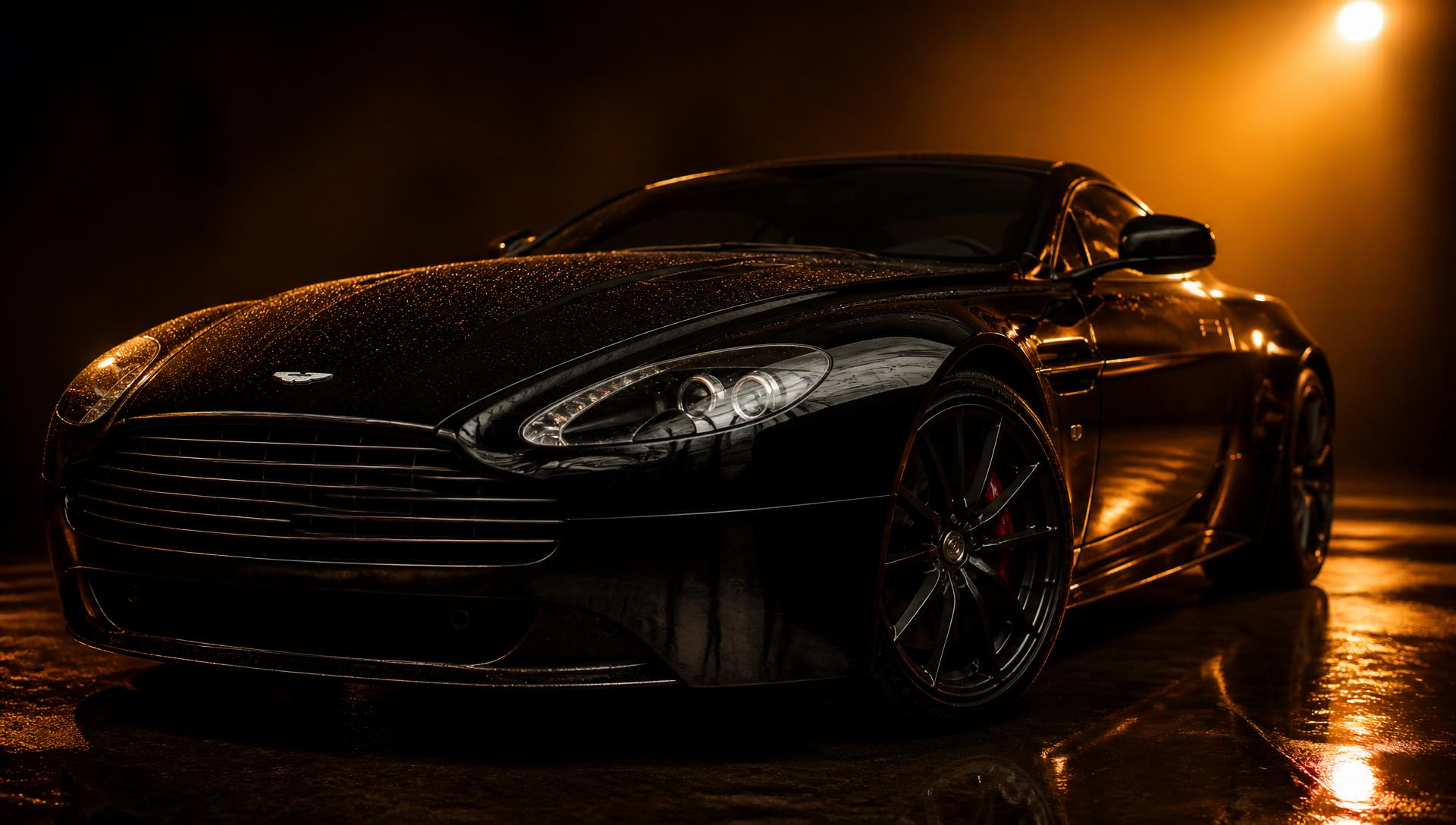 Carro esportivo preto com pintura vitrificada sob iluminação de estúdio